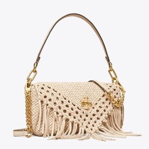 Tory Burch Cream Macramé Shoulder Bag with Fringe